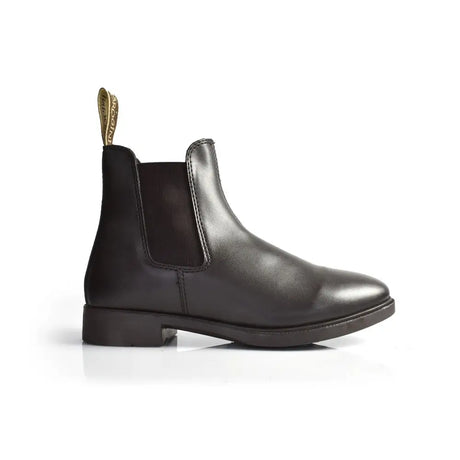 Black leather brogini boxwell jodhpur boot with elastic side panels and gold pull tab at the back