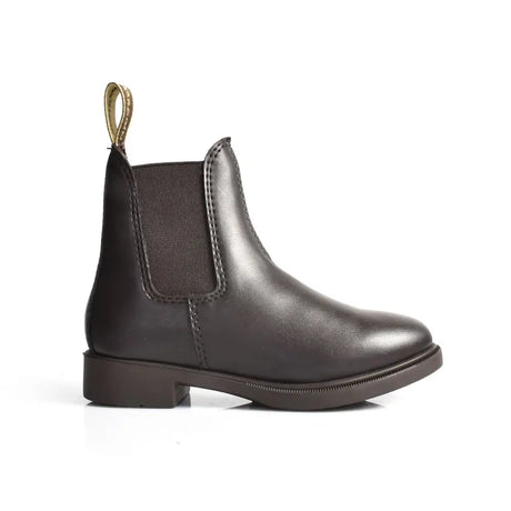 Dark brown leather brogini boxwell piccino yr boot showing back with gold-tone pull tab perfect pony club style