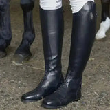 Black riding boots brogini capitoli long with sleek polished leather and subtle stitching details