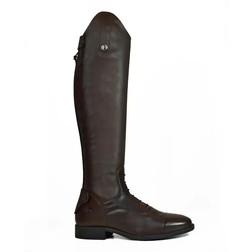 Dark brown brogini como stretch boots brown with genuine leather foot and sleek polished finish in wide fit