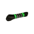 Black brogini elastic laces neatly coiled with a green label showing length perfect replacement elastic laces and footwear accessories