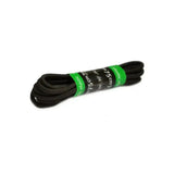 Black brogini elastic laces neatly coiled with a green label showing length perfect replacement elastic laces and footwear accessories