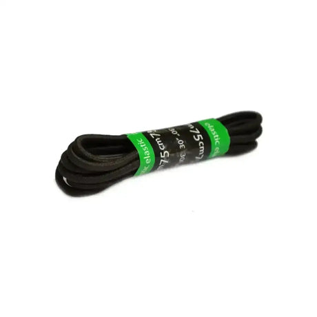 Black brogini elastic laces neatly coiled with a green label showing length perfect replacement elastic laces and footwear accessories