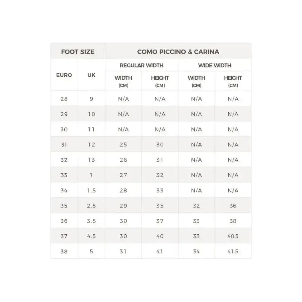 Como piccino and carina childs shoe size chart with euro uk cm conversion for brogini kb13 carina piccino boots