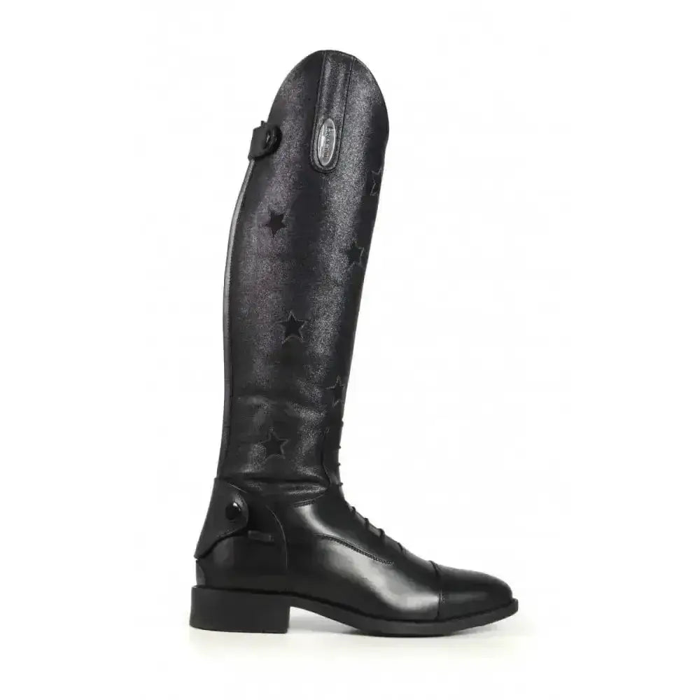 Black leather brogini kb13 carina childs long riding boot with star embossing and polished finish