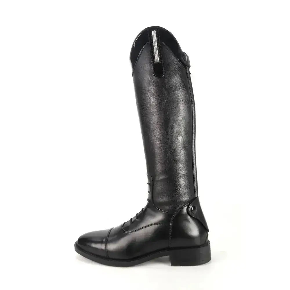 Black leather brogini kb44 kids como piccino patent top boot showing sleek polished finish and silver back zipper