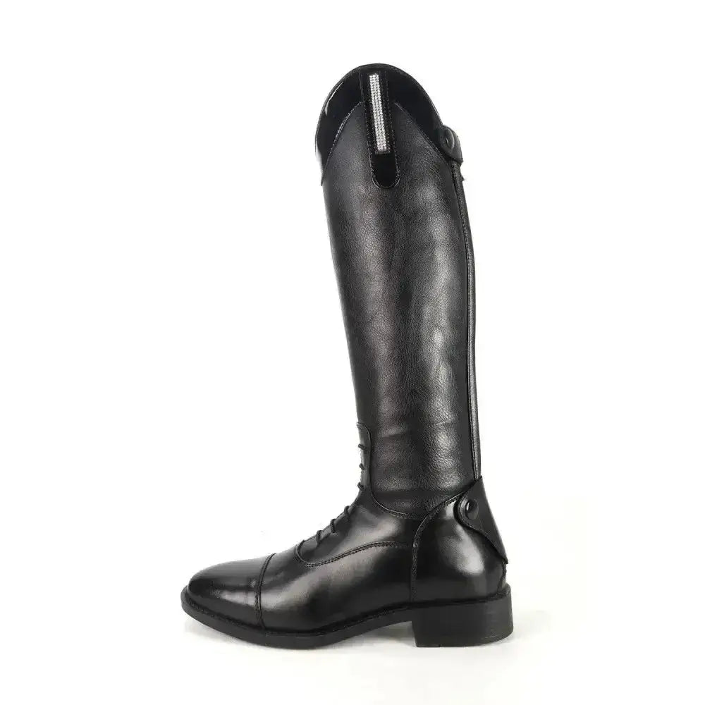 Black leather brogini kb44 kids como riding boot with polished finish and silver zipper pull for kids