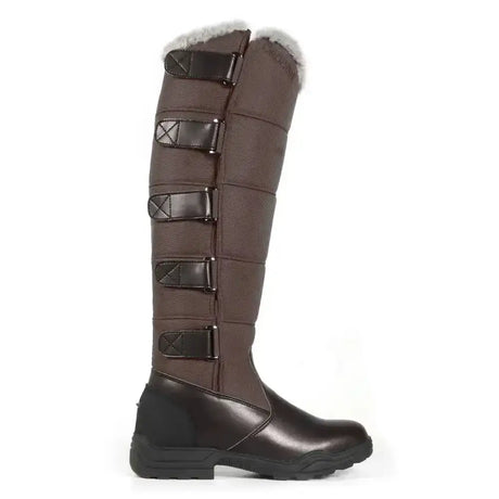 Brown knee-high brogini kendal sub-zero snow boots with black leather straps and white fur lining for coldest weather conditions