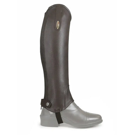Dark brown brogini lg035 vicenza leather tall gaiter with metallic logo and adjustable strap for riding use