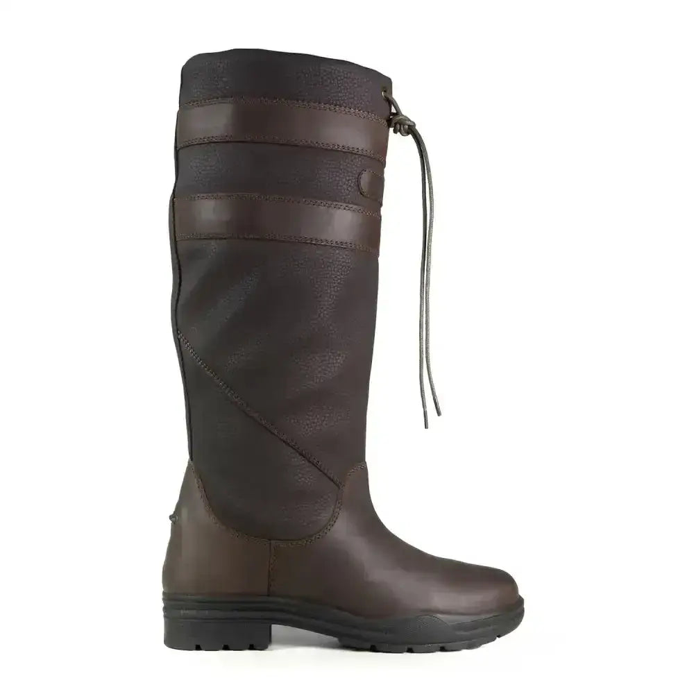 Dark brown brogini longridge riding boot with reinforced panels and flexible synthetic leather drawstring closure