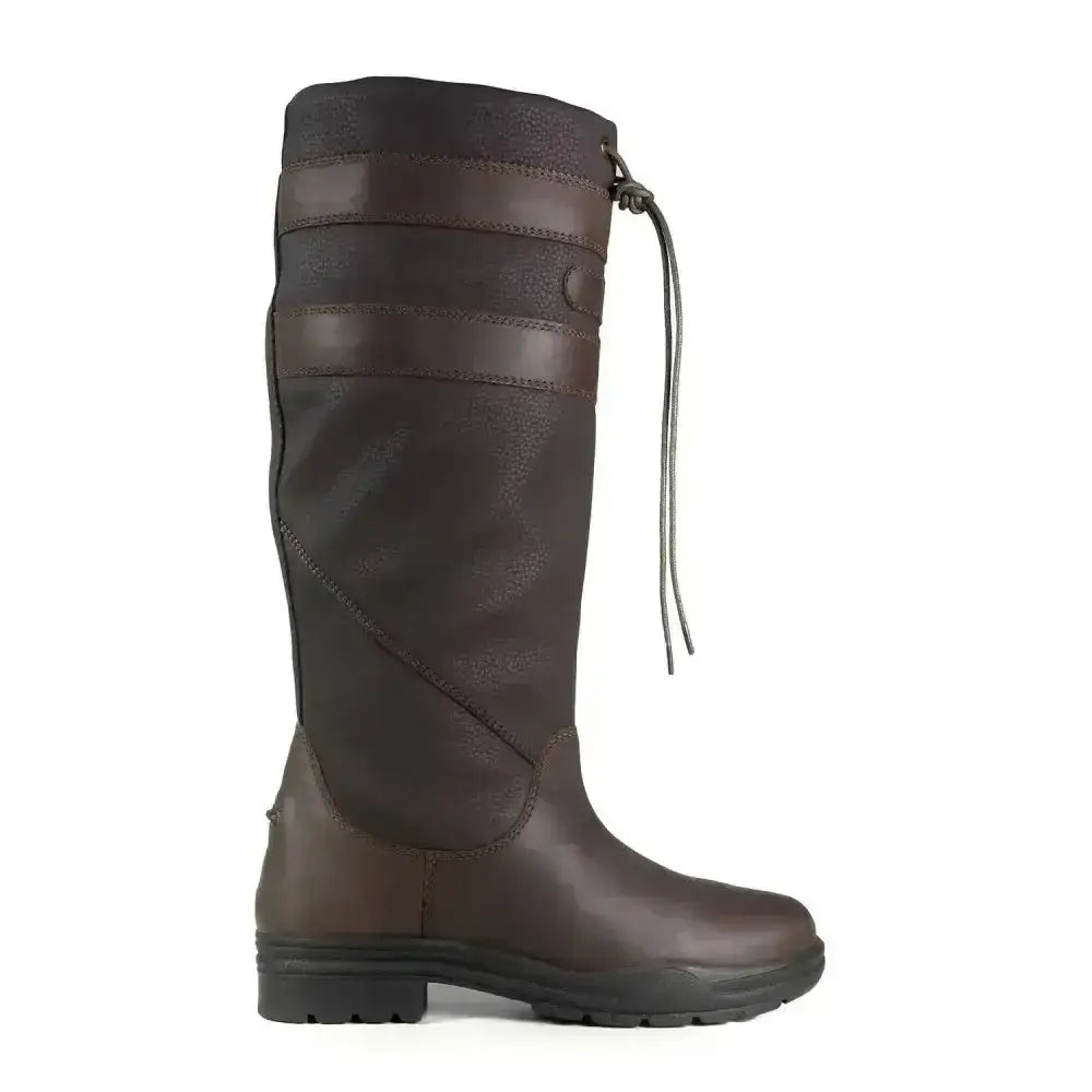 Dark brown brogini longridge kids country boot with reinforced panels and drawstring closure in water-resistant synthetic leather