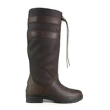 Dark brown brogini longridge kids country boot with reinforced panels and drawstring closure in water-resistant synthetic leather