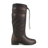 Dark brown brogini longridge kids country boot with reinforced panels and drawstring closure in water-resistant synthetic leather
