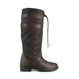 Dark brown brogini longridge kids country boot with reinforced panels and drawstring closure in water-resistant synthetic leather