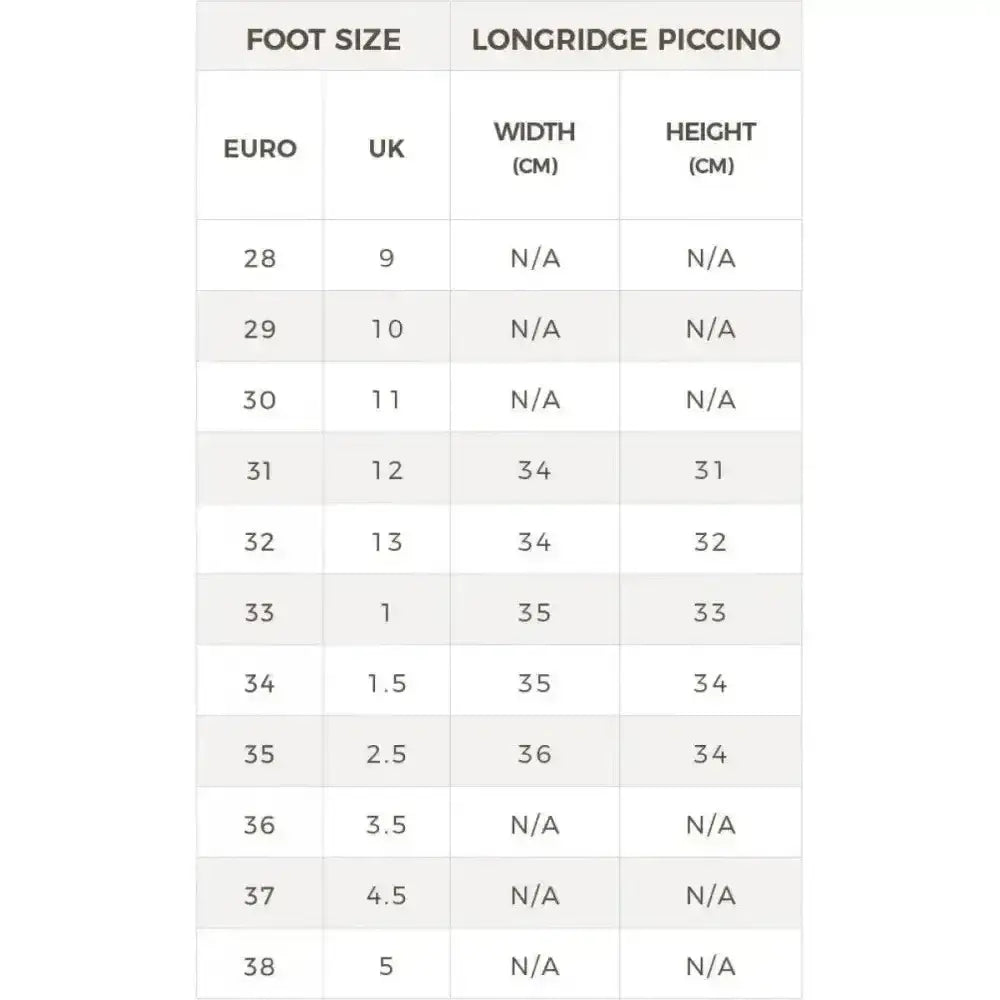 Longridge piccino shoe size chart showing european uk sizes plus width and height for brogini longridge kids boots