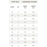 Longridge piccino shoe size chart showing european uk sizes plus width and height for brogini longridge kids boots