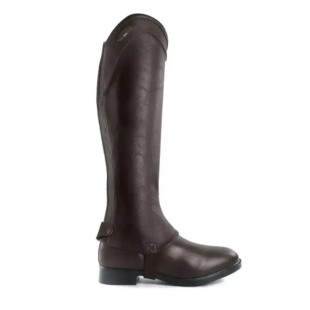 Dark brown brogini marconia gaiters tall brown made of stretchy synthetic leather with subtle texture and reinforced stitching