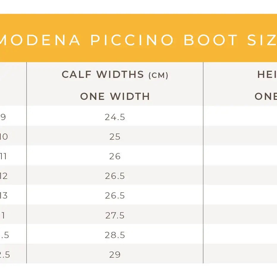 Brogini modena piccino synthetic long black junior riding boots size chart showing calf widths in centimeters