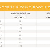 Brogini modena piccino synthetic long black junior riding boots size chart showing calf widths in centimeters