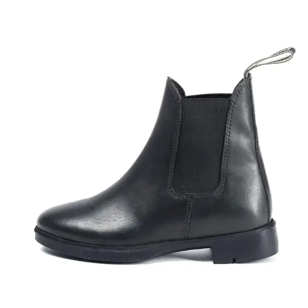 Black leather brogini pavia piccino kids jbc jodphur boot with elastic side panels and a pull tab at the back