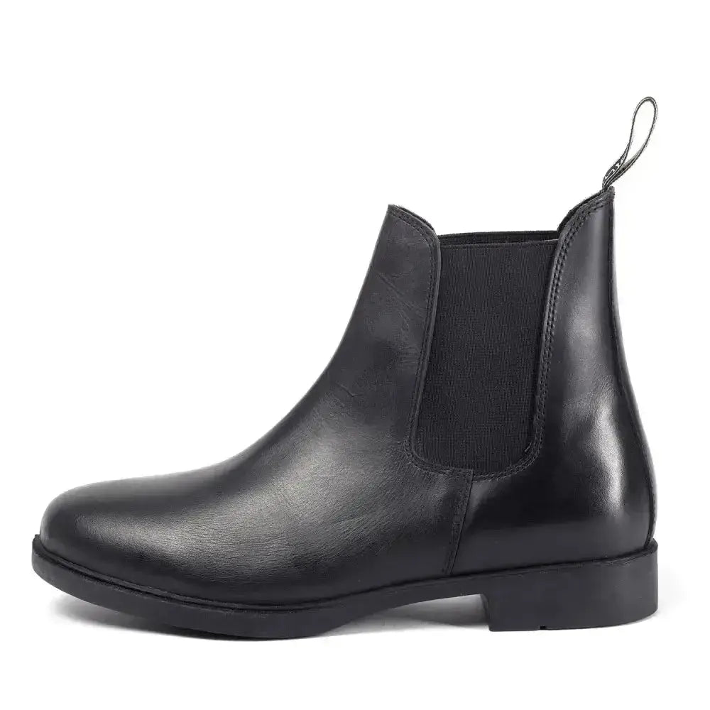 Black brogini pavia pull-on leather boots with elastic side panels and pull tab at the back