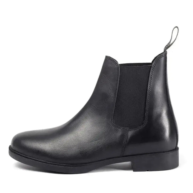 Black brogini pavia pull-on leather boots with elastic side panels and pull tab at the back