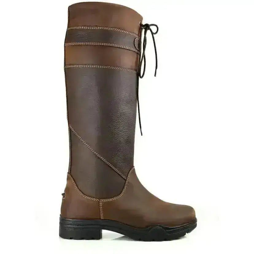 Brown leather brogini ruscello waterproof country boot with contrasting stitching and black laced ankle strap