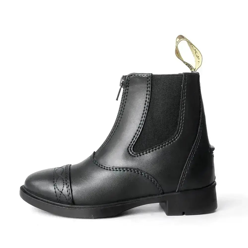 Black leather brogini junior jodphur paddock boots with zipper and elastic side panels for short riding boots