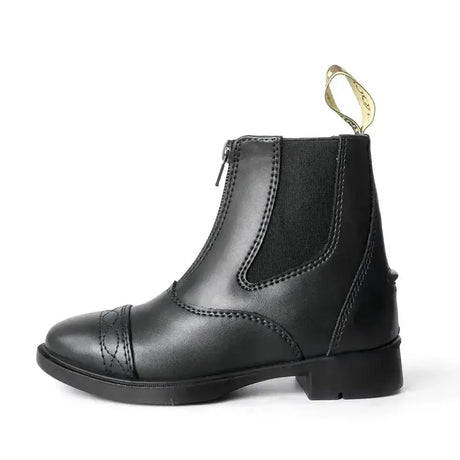 Black leather brogini junior jodphur paddock boots with zipper closure and elastic side panels short riding boots