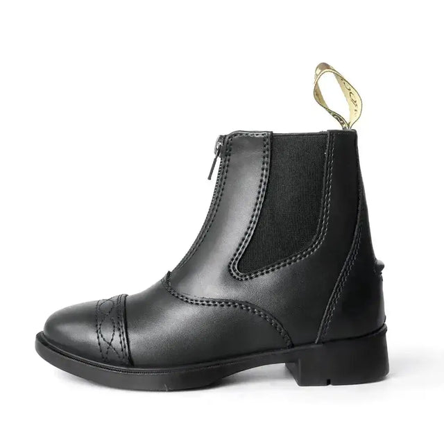 Black leather brogini junior jodphur paddock boots with zipper closure and elastic side panels short riding boots