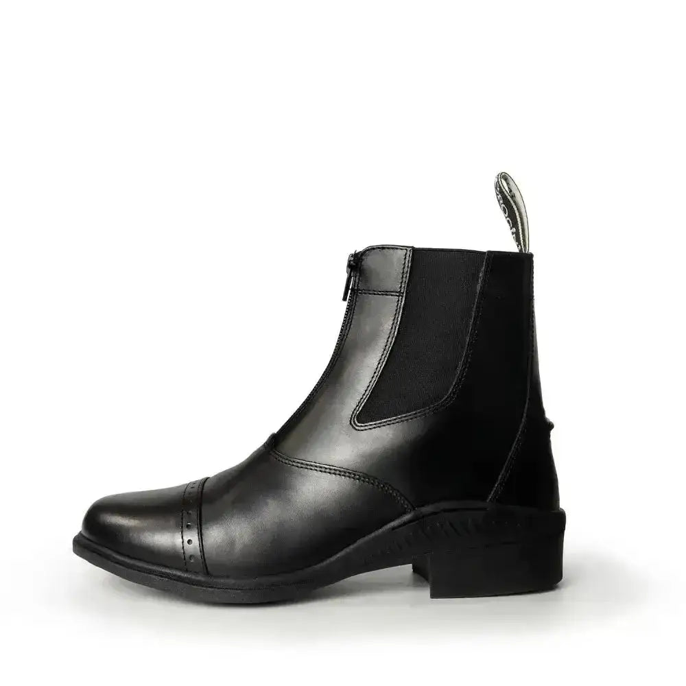 Black leather brogini tivoli paddock short riding boots with cap toe and elastic side panels for riding
