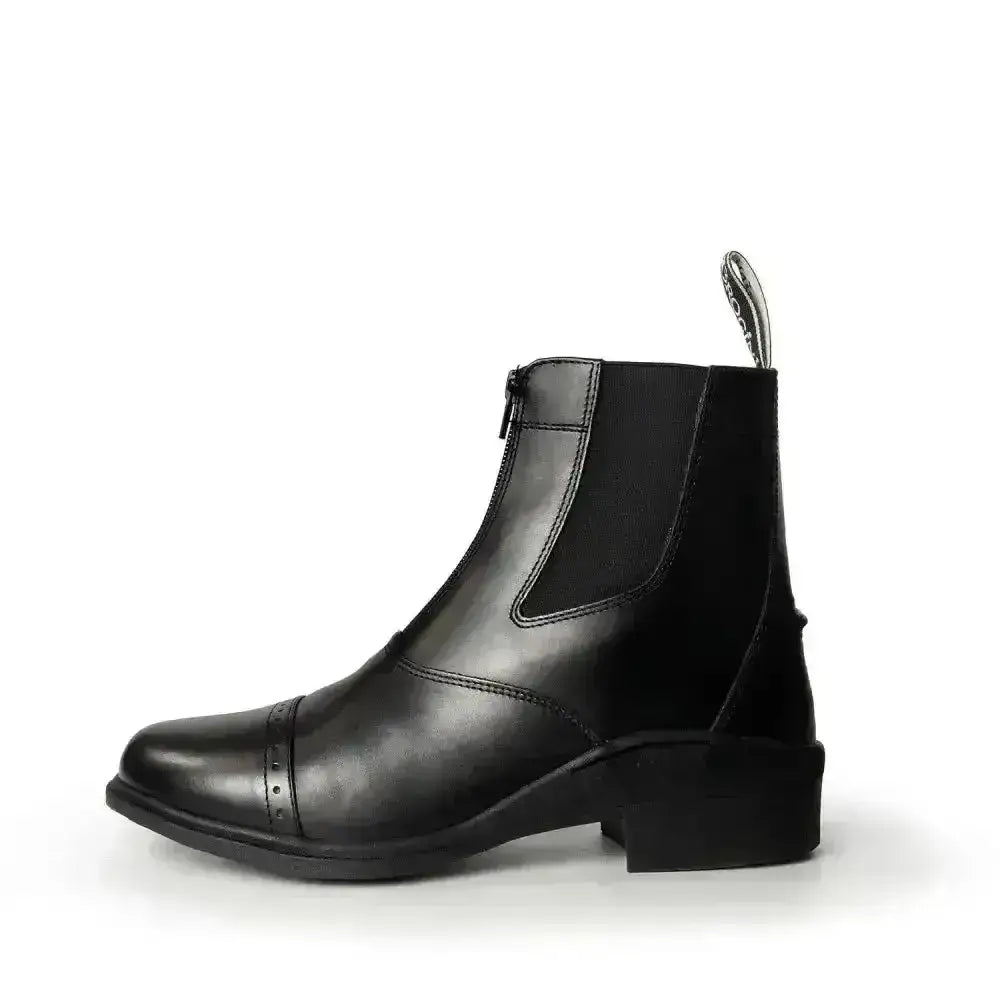 Black leather brogini tivoli paddock short riding boots with cap toe and elastic side panels