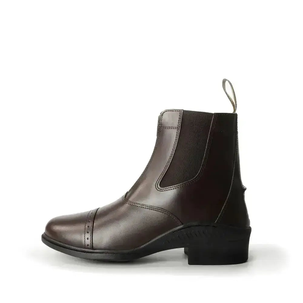 Dark brown leather brogini tivoli paddock short riding boots with low block heel and elastic side panels