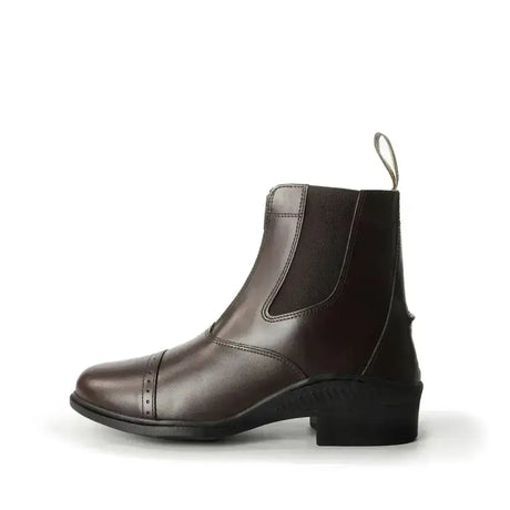 Dark brown leather brogini tivoli paddock short riding boots with low block heel and elastic side panels