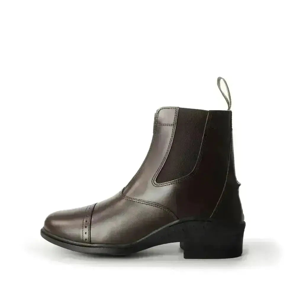 Dark brown leather brogini tivoli paddock short riding boots with low block heel and elastic side panels