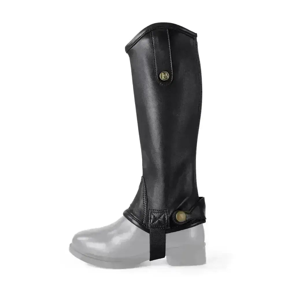 Black leather brogini treviso riding chaps childs gaiters with brass snap buttons and ankle strap