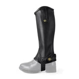 Black leather brogini treviso riding chaps childs gaiters with brass snap buttons and ankle strap for riding use