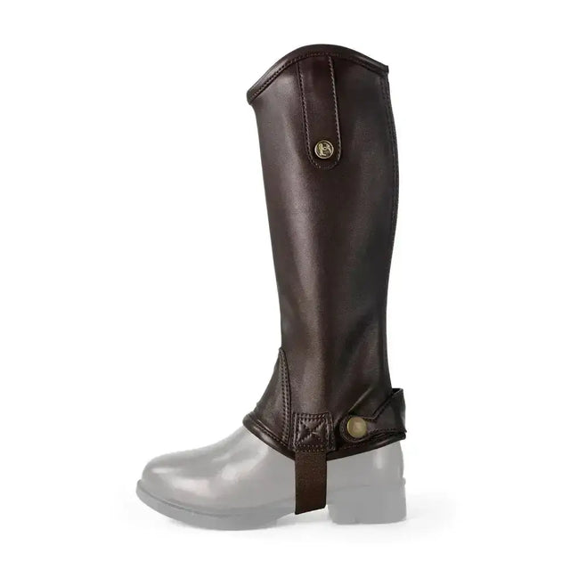 Brown leather brogini treviso riding chaps childs gaiters with brass button fastenings for horse riding use