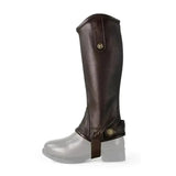 Brown leather brogini treviso riding chaps childs gaiters with brass button closures and ankle strap