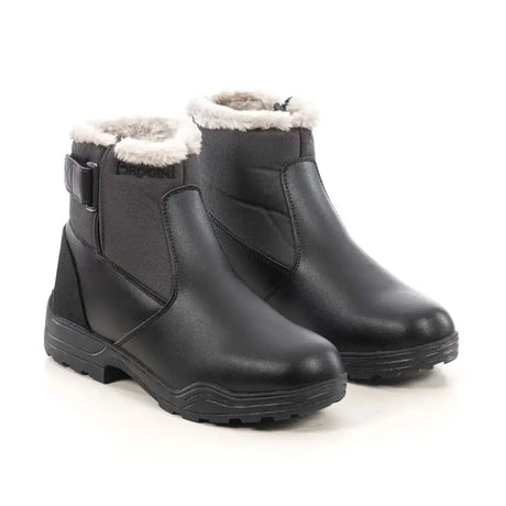 Black leather brogini wb127 buxton ankle boots with plush white faux fur lining and sturdy rubber sole