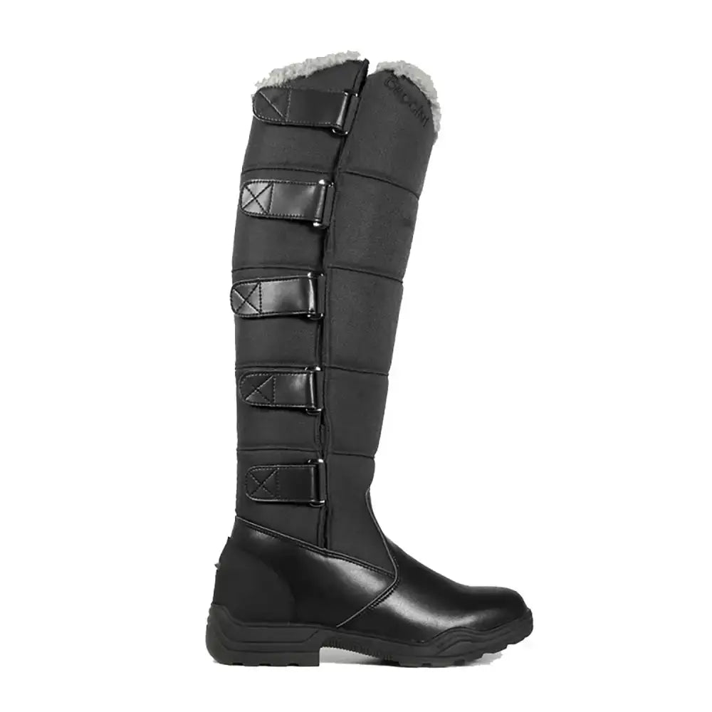 Black brogini wb128 kendal snow boots black with four adjustable straps and plush gray faux fur fully lined top