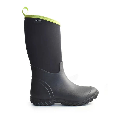 Black rubber brogini wb175 belmont muck boots with lime green pull tab and black label for outdoor use