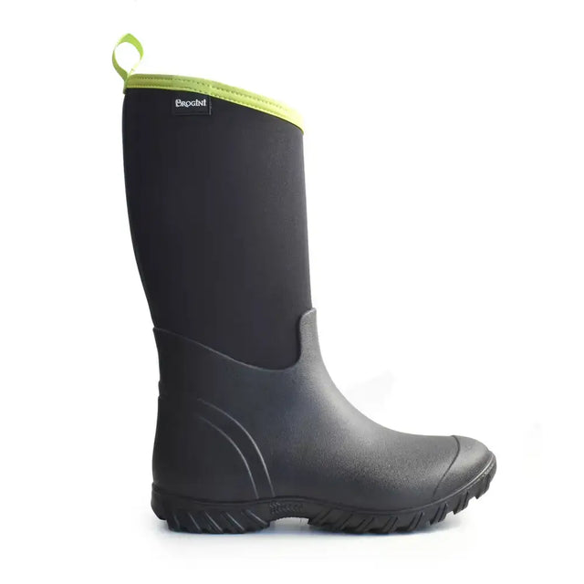 Black rubber brogini wb175 belmont muck boots with lime green pull tab and black label for outdoor use