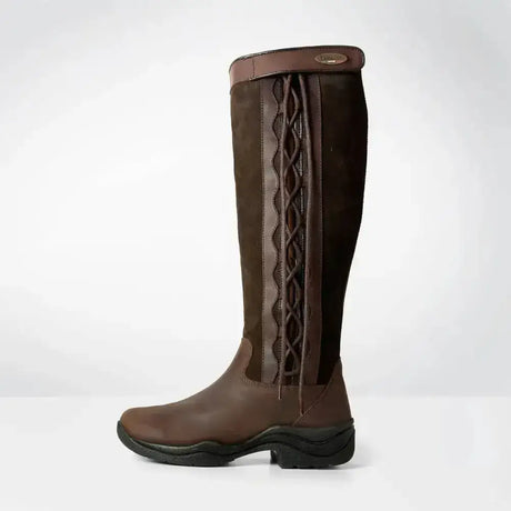 Brown leather brogini winchester country riding boot with braided lace detail on the side