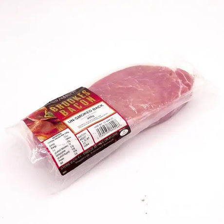 A package of brookes rindless back bacon 450g wrapped in clear plastic with a red and black label for farm sausages fans