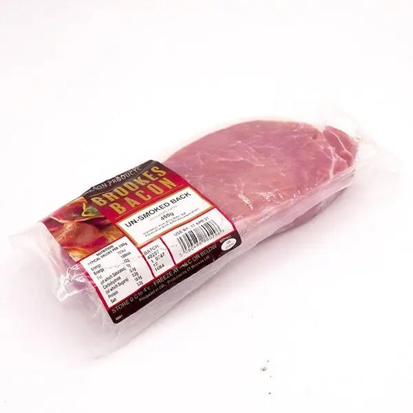 A pack of brookes rindless back bacon in clear plastic with a red and black label from beeshill farm sausages
