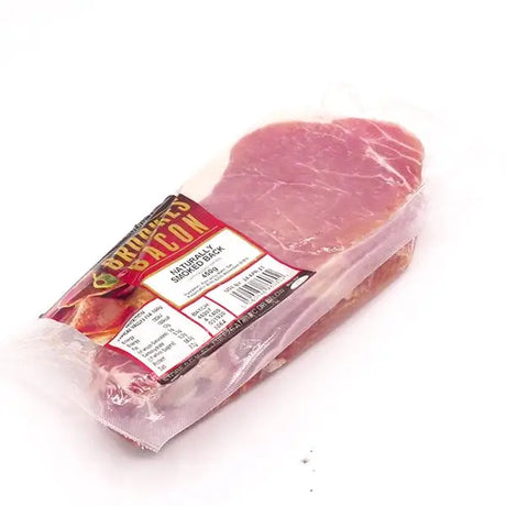 A package of brookes rindless smoked bacon retail pack 450g wrapped in clear plastic with a red and white label