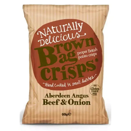 A brown paper bag of brown bag crisps aberdeen angus beef and onion flavor with a red circular label