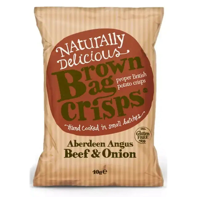 A brown paper bag of brown bag crisps aberdeen angus beef and onion flavor with a red circular label