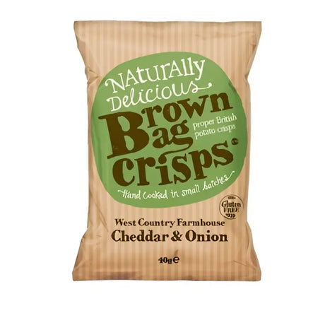 A brown paper bag of brown bag crisps cheddar and onion flavor showcasing natural deliciousness